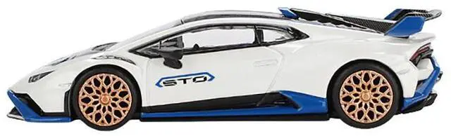 Alt view image 3 of 6 - Lamborghini Huracan STO Bianco Asopo White with Black Top and Blue Accents Limited Edition 1/64 Diecast Model Car by Mini GT