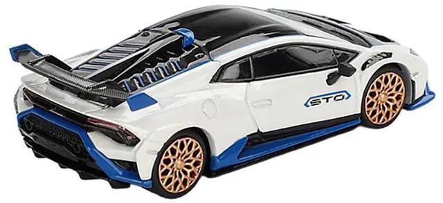 Alt view image 4 of 6 - Lamborghini Huracan STO Bianco Asopo White with Black Top and Blue Accents Limited Edition 1/64 Diecast Model Car by Mini GT