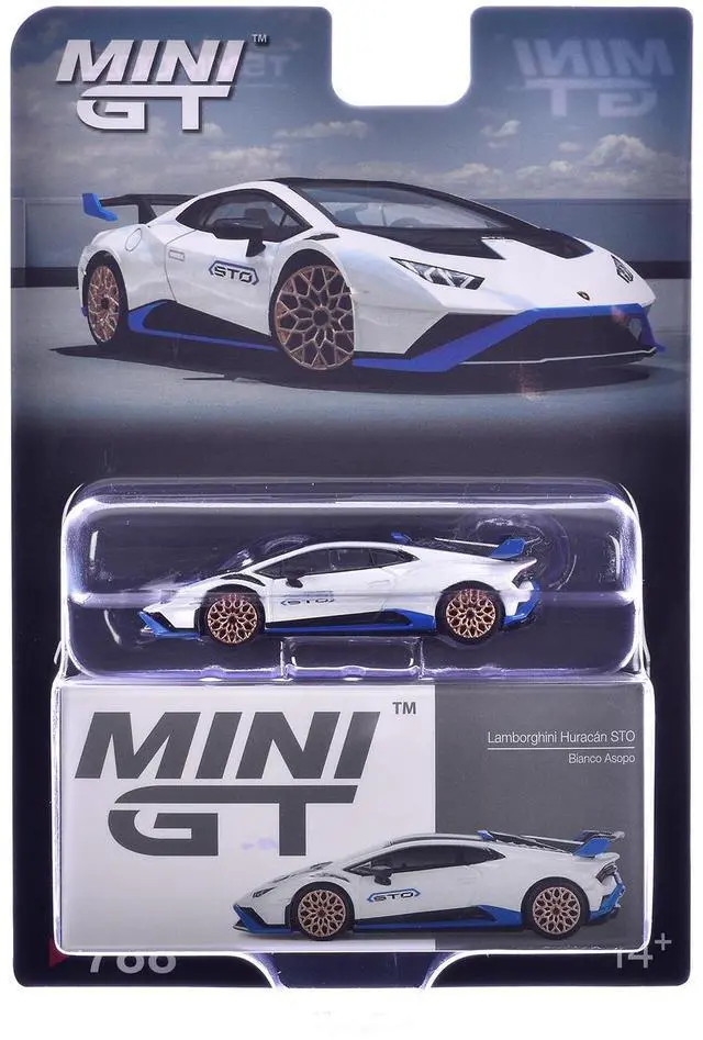 Alt view image 5 of 6 - Lamborghini Huracan STO Bianco Asopo White with Black Top and Blue Accents Limited Edition 1/64 Diecast Model Car by Mini GT