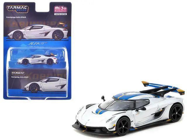 Main image of Koenigsegg Jesko Attack Silver Metallic with Blue Stripes "Global64" Series 1/64 Diecast Model by Tarmac Works
