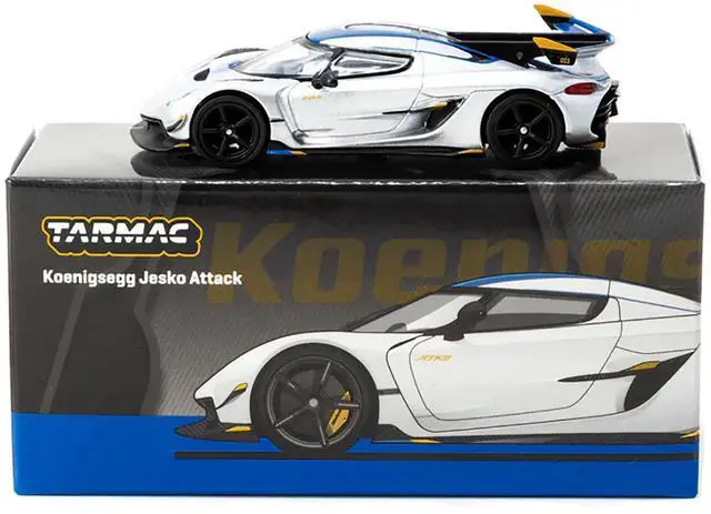 Alt view image 4 of 6 - Koenigsegg Jesko Attack Silver Metallic with Blue Stripes "Global64" Series 1/64 Diecast Model by Tarmac Works