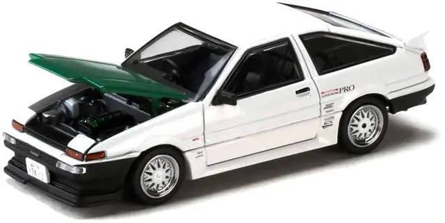 Alt view image 2 of 6 - Toyota Sprinter Trueno (AE86) RHD "Keiichi Tsuchiya" White with Green Carbon Hood 1/64 Diecast Model Car by Hobby Japan