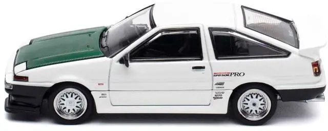 Alt view image 3 of 6 - Toyota Sprinter Trueno (AE86) RHD "Keiichi Tsuchiya" White with Green Carbon Hood 1/64 Diecast Model Car by Hobby Japan