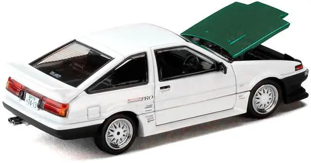 Alt view image 4 of 6 - Toyota Sprinter Trueno (AE86) RHD "Keiichi Tsuchiya" White with Green Carbon Hood 1/64 Diecast Model Car by Hobby Japan