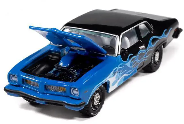 Alt view image 3 of 6 - 1974 Pontiac GTO Black and Blue with Blue Flame Graphics with White Interior 1/64 Diecast Model Cars by Johnny Lightning