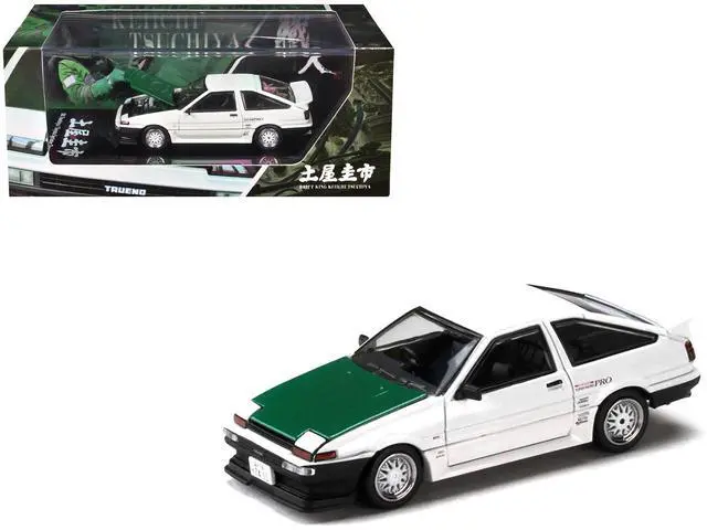 Main image of Toyota Sprinter Trueno (AE86) RHD "Keiichi Tsuchiya" White with Green Carbon Hood 1/64 Diecast Model Car by Hobby Japan