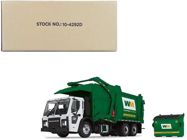 Alt view image 6 of 6 - Mack LR "Waste Management" Refuse Garbage Truck w/Front Loader White and Green w/Trash Bin 1/34 Diecast Model by First Gear