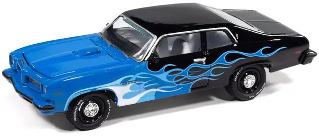 Alt view image 2 of 6 - 1974 Pontiac GTO Black and Blue with Blue Flame Graphics with White Interior 1/64 Diecast Model Cars by Johnny Lightning