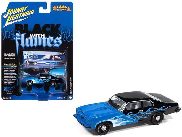 Main image of 1974 Pontiac GTO Black and Blue with Blue Flame Graphics with White Interior 1/64 Diecast Model Cars by Johnny Lightning