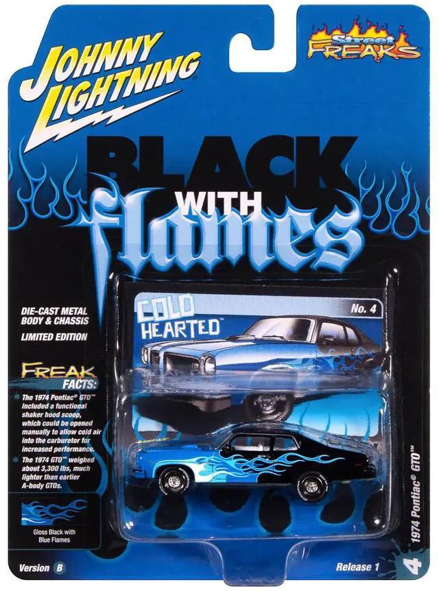 Alt view image 5 of 6 - 1974 Pontiac GTO Black and Blue with Blue Flame Graphics with White Interior 1/64 Diecast Model Cars by Johnny Lightning
