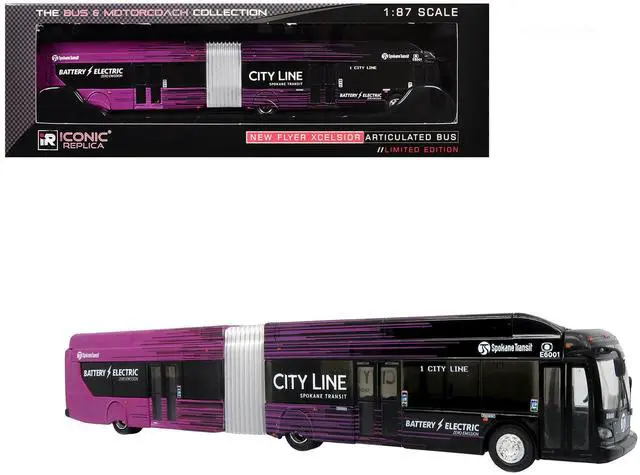 Main image of New Flyer Xcelsior XE60 Articulated Transit Bus "Spokane City" Black and Purple 1/87 (HO) Scale Diecast Model by Iconic Replicas