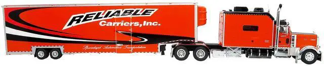 Alt view image 2 of 6 - Peterbilt 379 Tractor with Enclosed Car Carrier Trailer "Reliable Carriers" Orange & Black 1/43 Diecast Model by Iconic Replicas