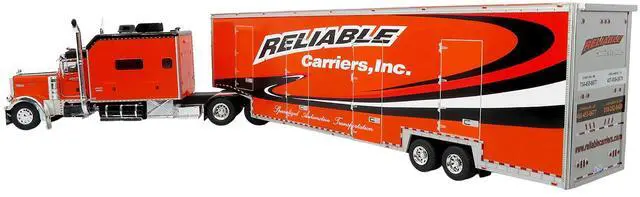 Alt view image 3 of 6 - Peterbilt 379 Tractor with Enclosed Car Carrier Trailer "Reliable Carriers" Orange & Black 1/43 Diecast Model by Iconic Replicas