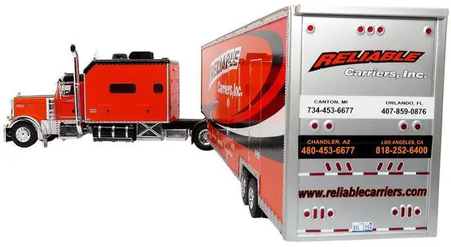 Alt view image 4 of 6 - Peterbilt 379 Tractor with Enclosed Car Carrier Trailer "Reliable Carriers" Orange & Black 1/43 Diecast Model by Iconic Replicas