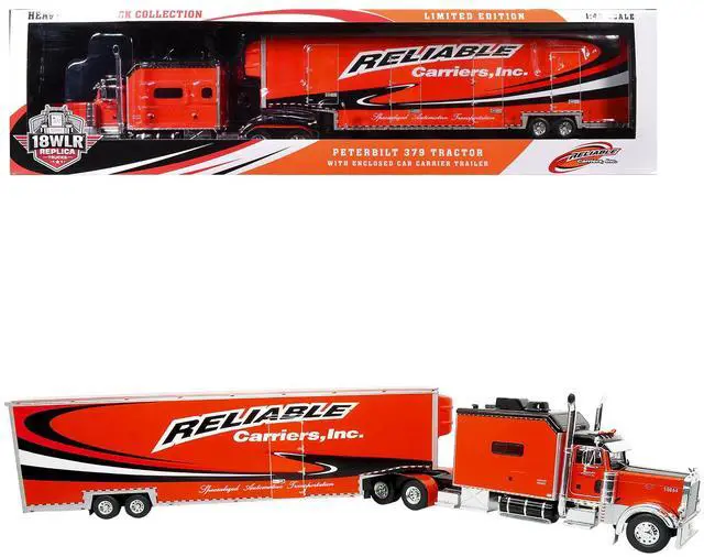 Main image of Peterbilt 379 Tractor with Enclosed Car Carrier Trailer "Reliable Carriers" Orange & Black 1/43 Diecast Model by Iconic Replicas