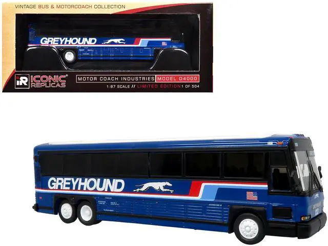 Main image of 2001 MCI D4000 Coach Bus "Greyhound" Blue with Stripes Ltd Ed 1/87 (HO) Scale Diecast Model by Iconic Replicas
