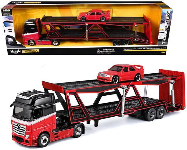 Main image of Mercedes-Benz Actros Open Car Hauler Red and Black with White and 1990 Mercedes-Benz 190E Red 1/64 Die Cast Models by Maisto