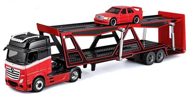 Alt view image 2 of 3 - Mercedes-Benz Actros Open Car Hauler Red and Black with White and 1990 Mercedes-Benz 190E Red 1/64 Die Cast Models by Maisto