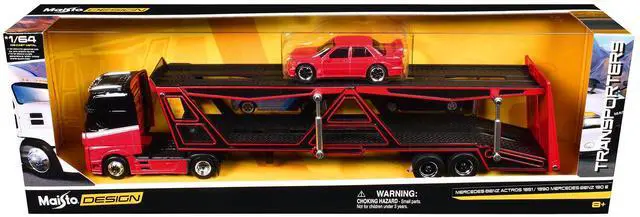 Alt view image 3 of 3 - Mercedes-Benz Actros Open Car Hauler Red and Black with White and 1990 Mercedes-Benz 190E Red 1/64 Die Cast Models by Maisto