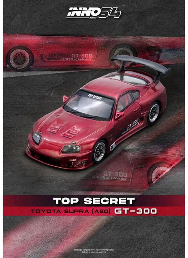 Alt view image 5 of 6 - Toyota Supra (A80) "Top Secret" GT300 RHD (Right Hand Drive) Red Metallic 1/64 Diecast Model Car by Inno Models
