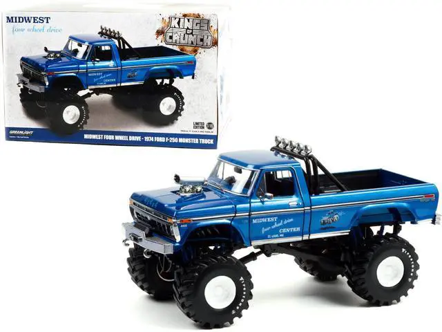Alt view image 2 of 7 - 1974 Ford F-250 Ranger XLT Monster Truck with 48-Inch Tires Blue Metallic "Midwest Four Wheel Drive Center" "Kings of Crunch" Series 1/18 Diecast Model Car by Greenlight