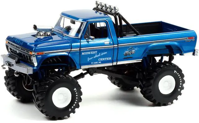 Alt view image 6 of 7 - 1974 Ford F-250 Ranger XLT Monster Truck with 48-Inch Tires Blue Metallic "Midwest Four Wheel Drive Center" "Kings of Crunch" Series 1/18 Diecast Model Car by Greenlight