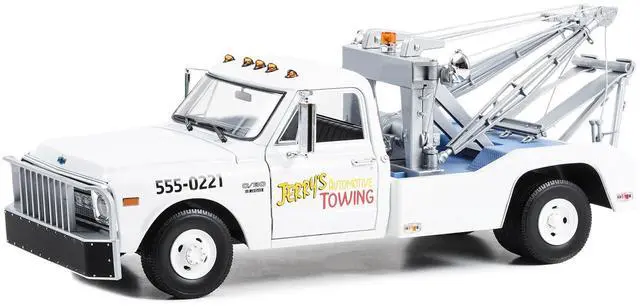 Main image of 1969 Chevrolet C-30 Dually Wrecker Tow Truck "Jerrys Towing" White "The Fall Guy" TV 1/18 Diecast Model Cars by Greenlight