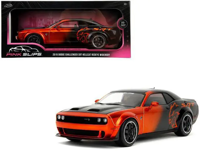 Main image of Dodge Challenger SRT Hellcat Orange Metallic and Black "Pink Slips" Series 1/24 Diecast Model Car by Jada