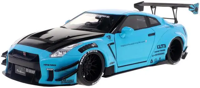 Main image of 2023 Nissan GT-R (R35) Liberty Walk Body Kit 2.0 RHD Baby Blue with Carbon Hood 1/18 Diecast Model Car by Solido