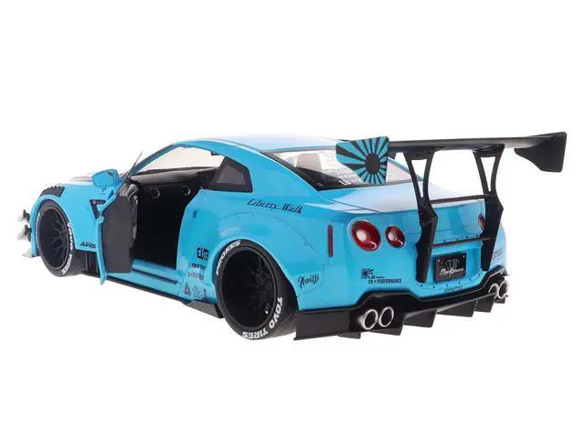 Alt view image 2 of 6 - 2023 Nissan GT-R (R35) Liberty Walk Body Kit 2.0 RHD Baby Blue with Carbon Hood 1/18 Diecast Model Car by Solido