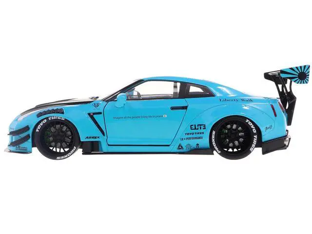 Alt view image 4 of 6 - 2023 Nissan GT-R (R35) Liberty Walk Body Kit 2.0 RHD Baby Blue with Carbon Hood 1/18 Diecast Model Car by Solido