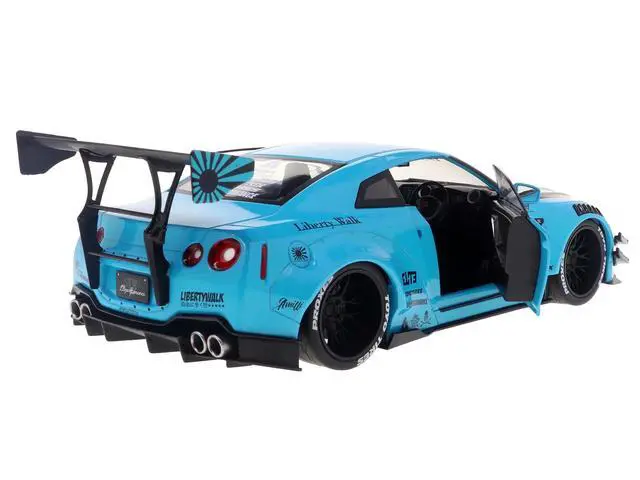 Alt view image 5 of 6 - 2023 Nissan GT-R (R35) Liberty Walk Body Kit 2.0 RHD Baby Blue with Carbon Hood 1/18 Diecast Model Car by Solido