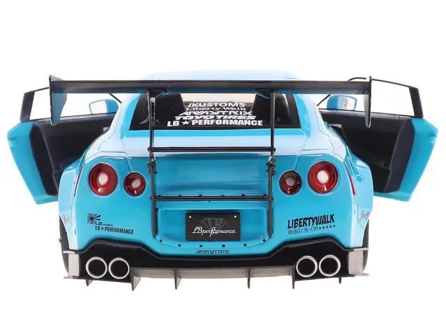 Alt view image 6 of 6 - 2023 Nissan GT-R (R35) Liberty Walk Body Kit 2.0 RHD Baby Blue with Carbon Hood 1/18 Diecast Model Car by Solido