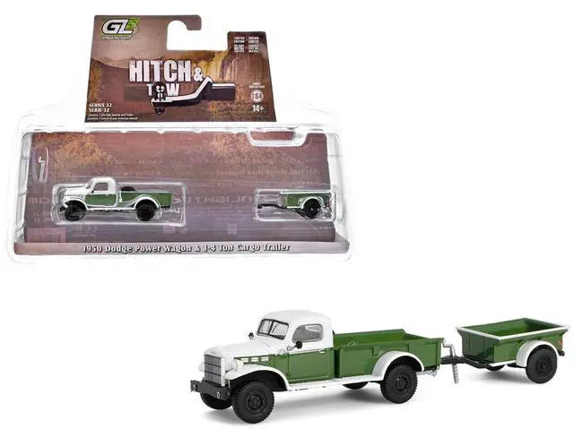 Main image of 1950 Dodge Power Wagon Pickup Truck Green and White with 1/4 Ton Cargo Trailer Green 1/64 Diecast Model Cars by Greenlight