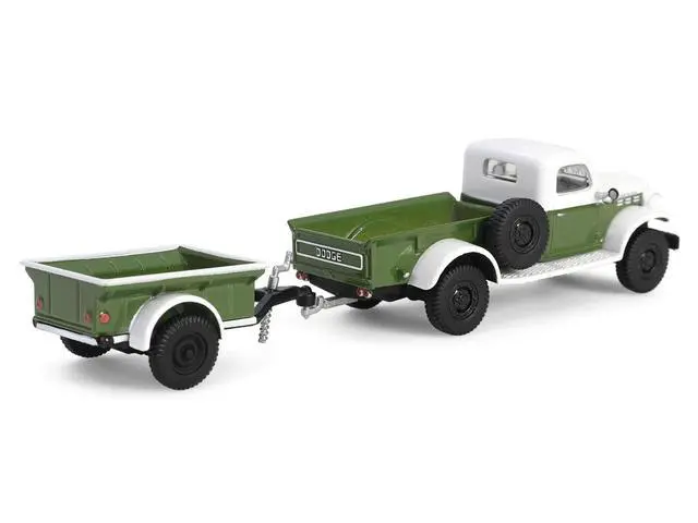 Alt view image 3 of 6 - 1950 Dodge Power Wagon Pickup Truck Green and White with 1/4 Ton Cargo Trailer Green 1/64 Diecast Model Cars by Greenlight