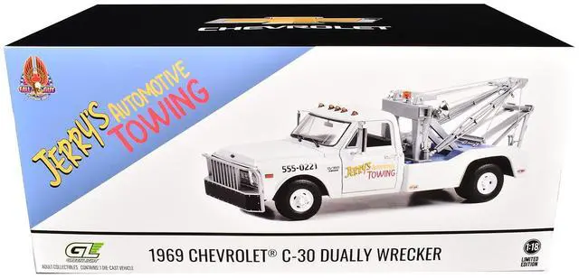 Alt view image 3 of 3 - 1969 Chevrolet C-30 Dually Wrecker Tow Truck "Jerrys Towing" White "The Fall Guy" TV 1/18 Diecast Model Car by Greenlight