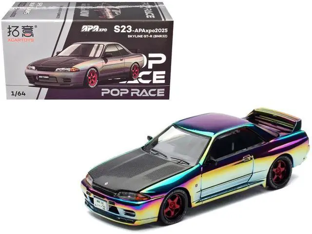 Main image of Skyline GT-R (BNR32) RHD Chameleon Chrome with Carbon Hood "APA XPO 2025 Exclusive" 1/64 Diecast Model Car by Pop Race