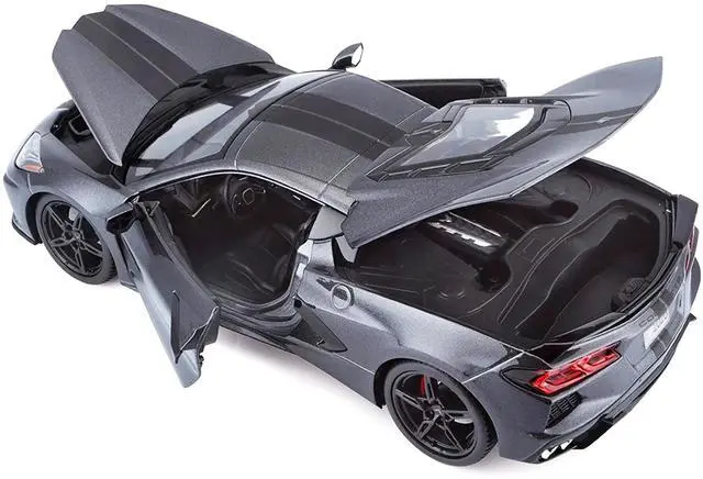 Alt view image 6 of 7 - 2020 Chevrolet Corvette Stingray C8 Dark Gray Metallic with Racing Stripes 1/18 Diecast Model Car by Maisto