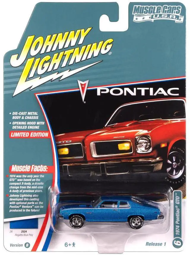 Alt view image 5 of 6 - 1974 Pontiac GTO Regatta Blue Metallic with White Interior "Muscle Cars USA" Series 1/64 Diecast Model Car by Johnny Lightning