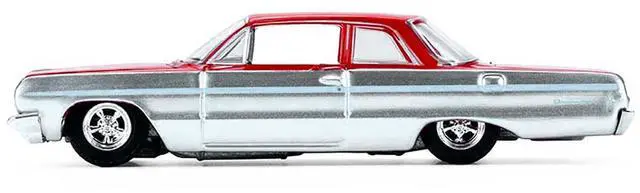 Alt view image 3 of 6 - 1964 Chevrolet Biscayne Lowrider Silver Metallic and Red Two-Tone 1/64 Scale Diecast Model Cars by Greenlight