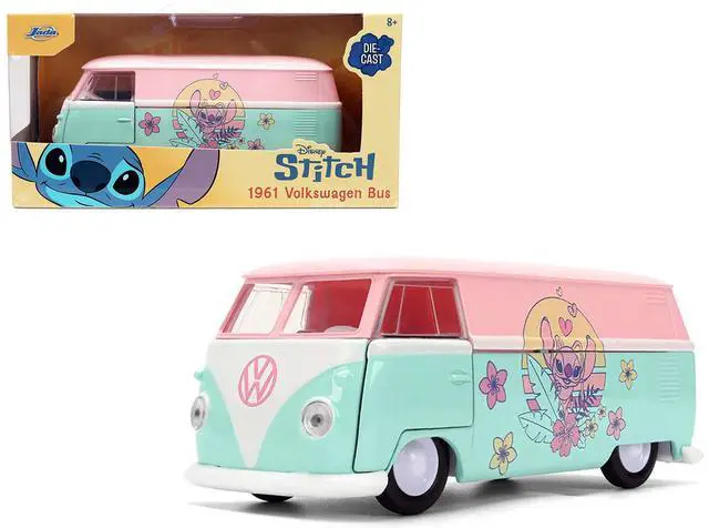 Main image of 1961 Volkswagen Bus Pink and Blue with Graphics "Disney's Stitch" "Hollywood Rides" Series 1/32 Diecast Model Car by Jada