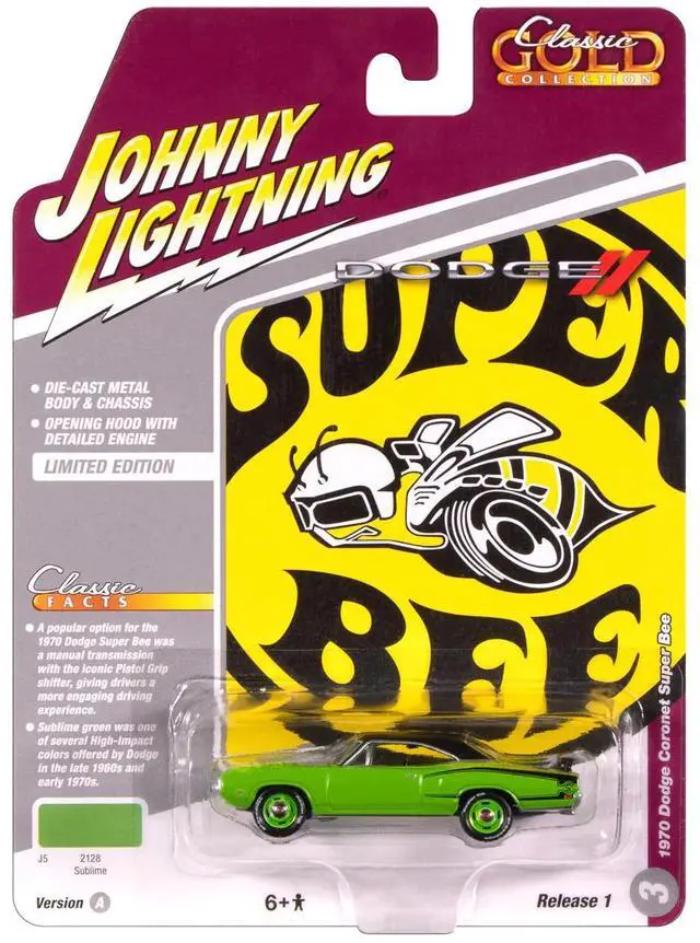 Alt view image 5 of 6 - 1970 Dodge Coronet Super Bee Sublime Green with Black Stripes and Top 1/64 Diecast Model Cars by Johnny Lightning