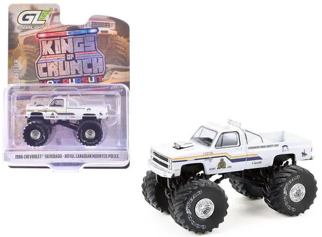 Main image of 1986 Chevrolet Silverado Monster Truck Royal Canadian Mounted Police White w/Stripes 1/64 Scale Diecast Model Cars by Greenlight