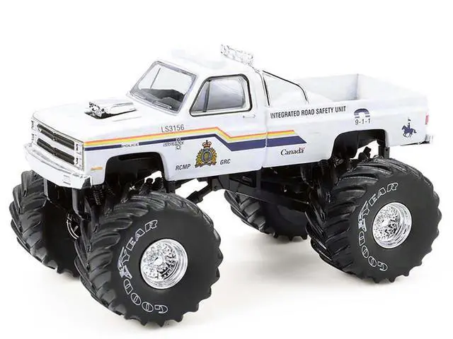 Alt view image 2 of 6 - 1986 Chevrolet Silverado Monster Truck Royal Canadian Mounted Police White w/Stripes 1/64 Scale Diecast Model Cars by Greenlight