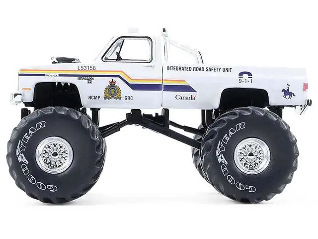 Alt view image 3 of 6 - 1986 Chevrolet Silverado Monster Truck Royal Canadian Mounted Police White w/Stripes 1/64 Scale Diecast Model Cars by Greenlight