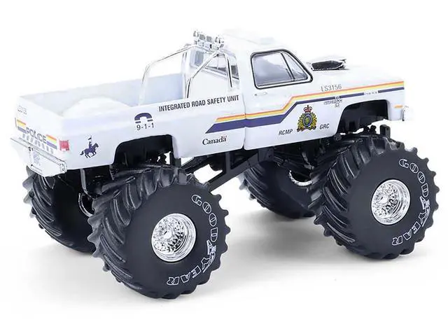 Alt view image 4 of 6 - 1986 Chevrolet Silverado Monster Truck Royal Canadian Mounted Police White w/Stripes 1/64 Scale Diecast Model Cars by Greenlight