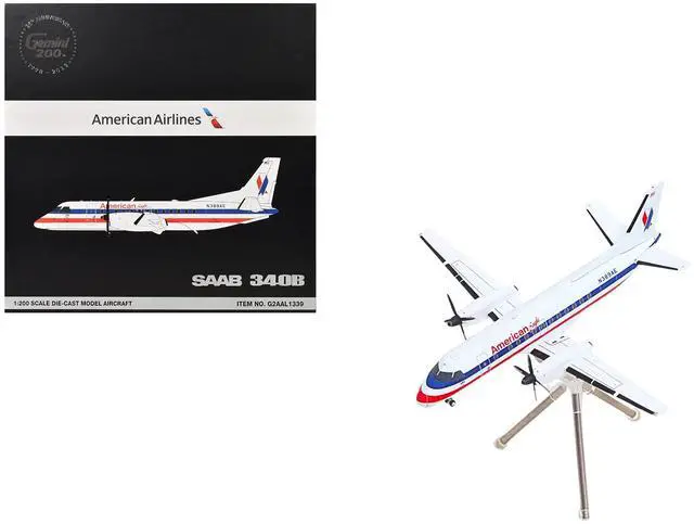 Main image of Saab 340B Commercial Aircraft "American Eagle" White with Red and Blue Stripes 1/200 Diecast Model Airplane by GeminiJets