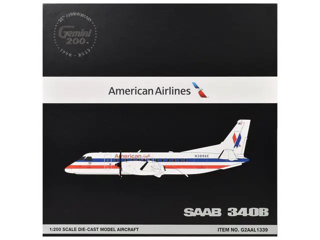 Alt view image 6 of 6 - Saab 340B Commercial Aircraft "American Eagle" White with Red and Blue Stripes 1/200 Diecast Model Airplane by GeminiJets