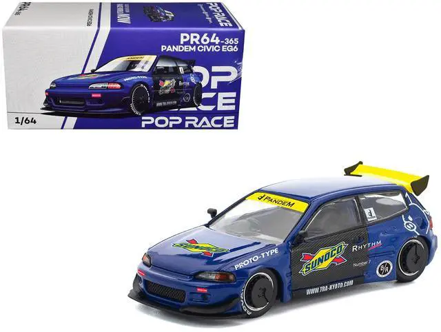 Main image of Pandem Civic EG6 RHD (Right Hand Drive) "Sunoco" Blue Metallic with Yellow Accents 1/64 Diecast Model Car by Pop Race