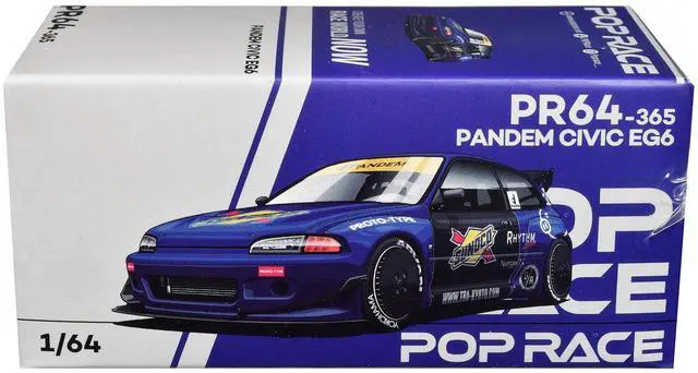 Alt view image 5 of 6 - Pandem Civic EG6 RHD (Right Hand Drive) "Sunoco" Blue Metallic with Yellow Accents 1/64 Diecast Model Car by Pop Race